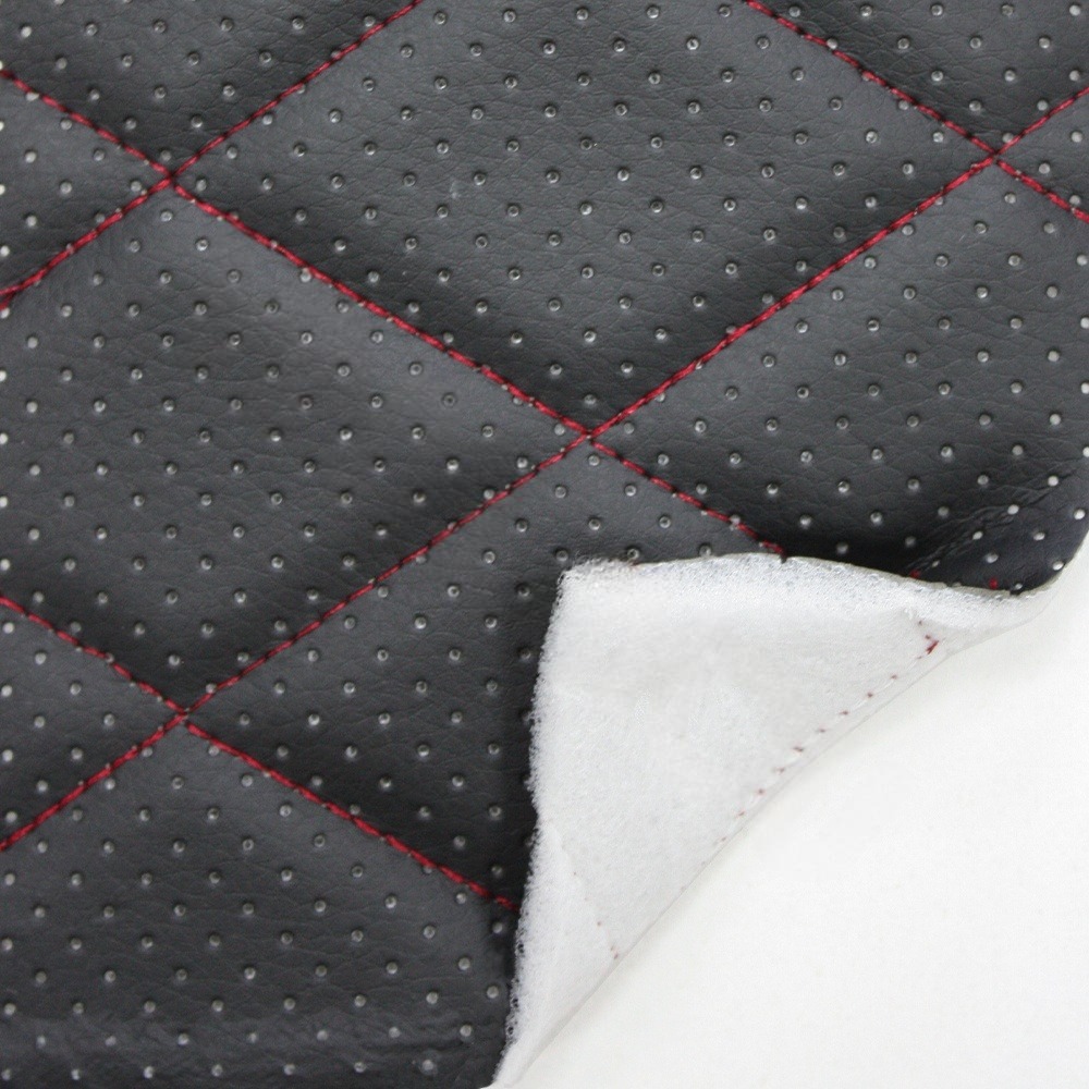 Экокожа стеганая перфорированная Ромб Черная с Красной строчкой